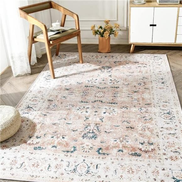 Area Rug 4x6 Washable Rug - Vintage Bedroom Rug for Girl Boho Floral Print - Picture 1 of 7